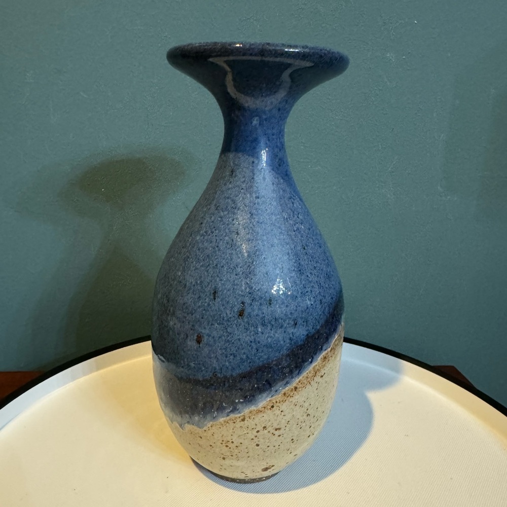 Vintage Walt Glass Texas Studio Art Pottery Blue Trumpet Vase Signed 1985